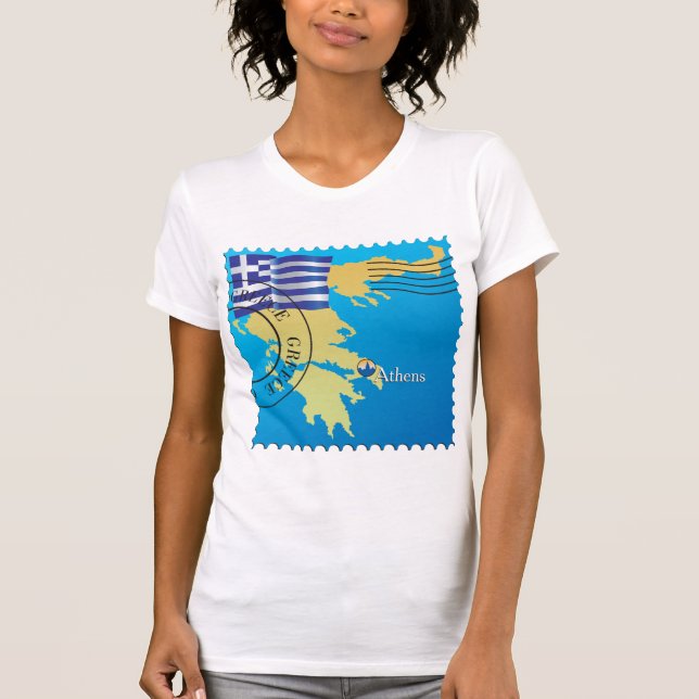 Camiseta Carimbo da Grécia de Atenas Bandeira e Mapa grego (Frente)