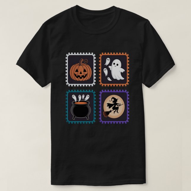 Camiseta Carimbo de Halloween Design - Abóbora, Fantasma (Frente do Design)