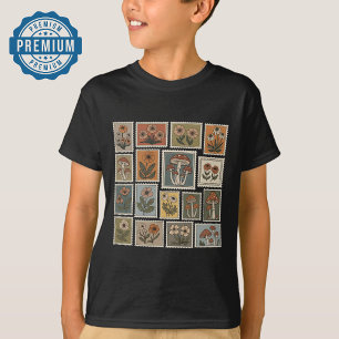 Camiseta Carimbo de Vintage com Flores e Cogumelos