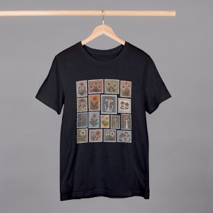Camiseta Carimbo de Vintage com Flores e Cogumelos