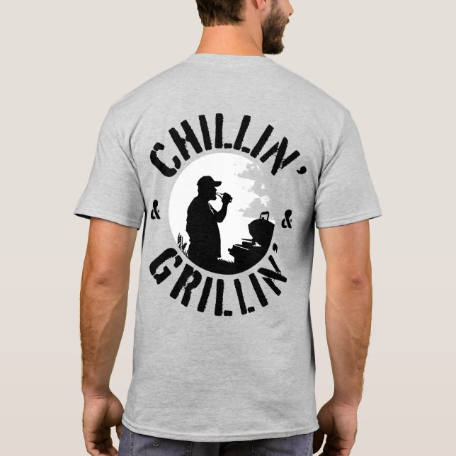Camiseta Carimbo Preto de Chillin' & Grillin' Frente e Tras (Verso)