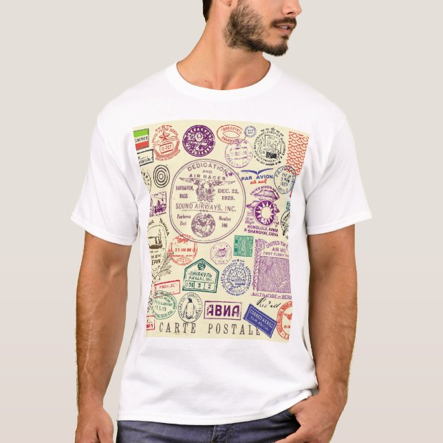 Camiseta Carimbos, conjunto decorativo de documentos. (Frente)