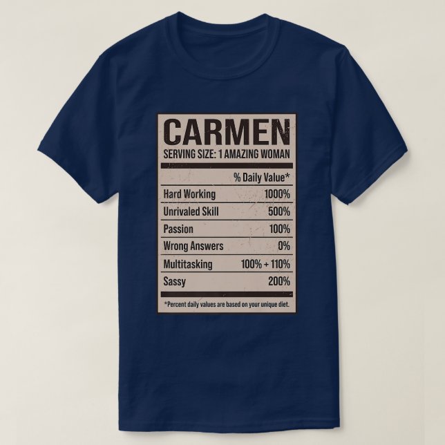 Camiseta Carmen Nutrição Fatos Nome Apelido Alias Título F (Frente do Design)