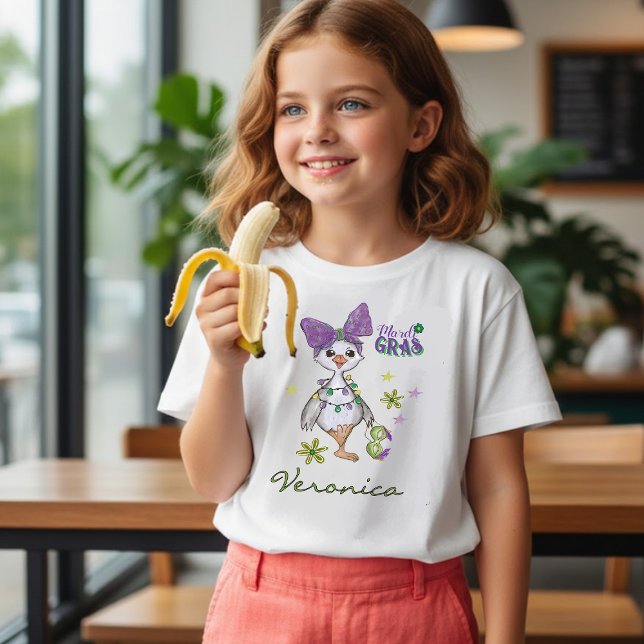 Camiseta Carnaval de Mardi Gras com Nome Personali (Custom Name Mardi Gras Girl Goose Carnival T-Shirt)