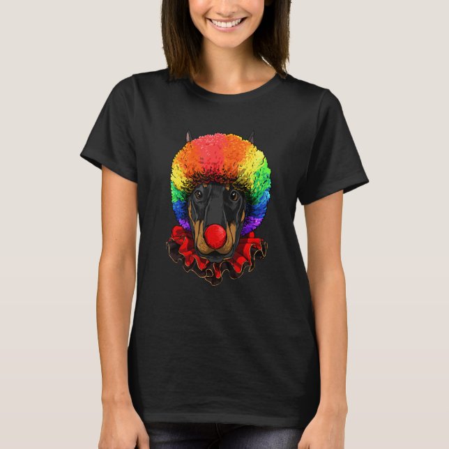 Camiseta Carnaval de Palhaço de Circo Equipe Pet Dobermann  (Frente)