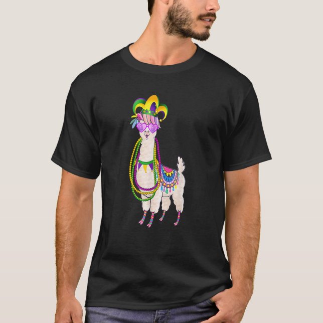Camiseta Carnaval do Miçanga & Mask Mardi Gras Llama Alpaca (Frente)