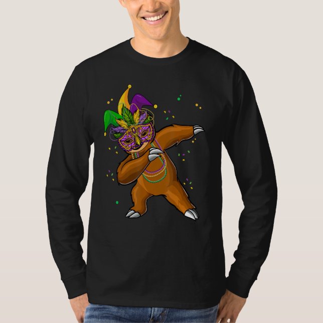Camiseta Carnaval Mardi Gras Engraçado Dabbing Sloth Mask E (Frente)