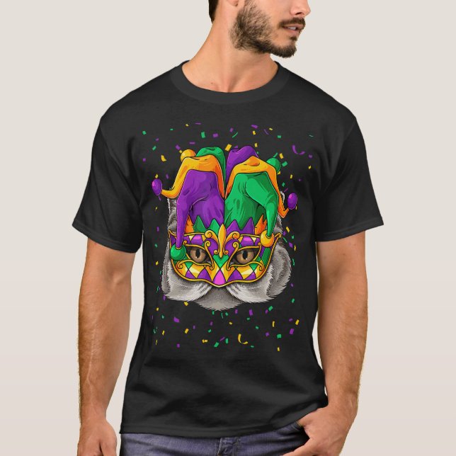 Camiseta Carnaval Persa Mardi Gras Gato Rosto Carnaval Bufã (Frente)