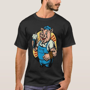 Camiseta Carne Grelhada Porco Pop Bebendo Cerveja