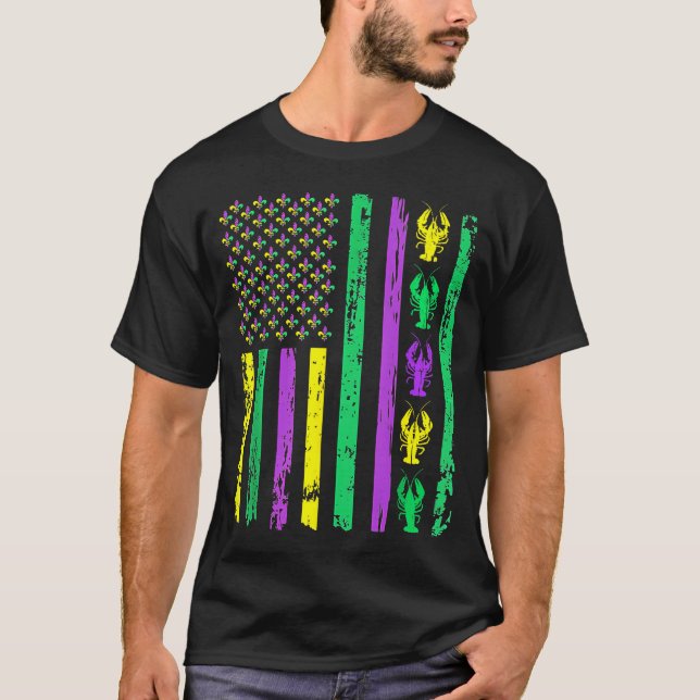 Camiseta Carnival Mardi Gras Usa American Flag Crawfish Par (Frente)