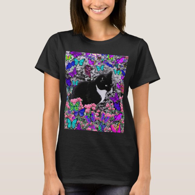 Camiseta Carrapatos em Borboletas II - Gato Tuxedo (Frente)