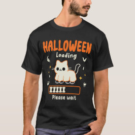 Camiseta Carregando Halloween Por Favor Aguarde Gato Preto 