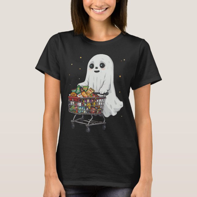 Camiseta Carrinho de Compras de Fantasma Fofo Comida Divert (Frente)