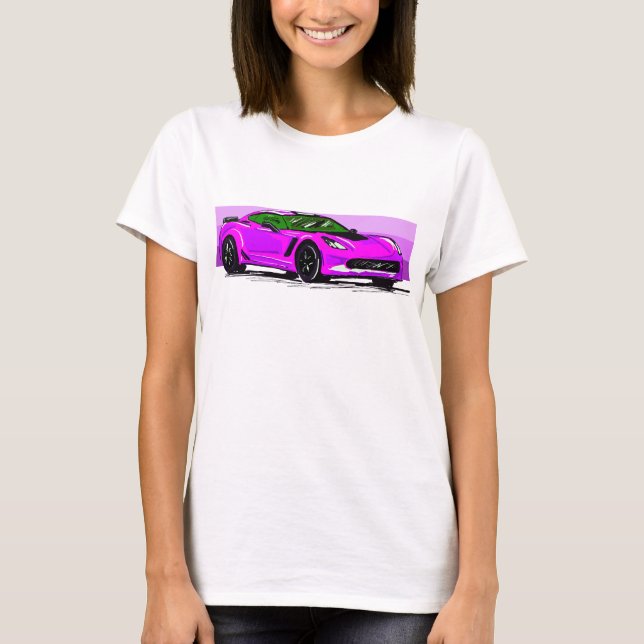 Camiseta Carrinho de corveta rosa C7 com risca rosa (Frente)