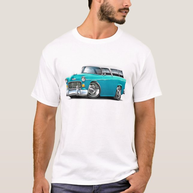 Camiseta Carro 1955 Turquesa-Branco do nómada de Chevy (Frente)