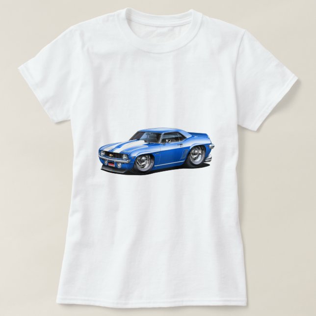 Camiseta Carro 1969 Azul-Branco de Camaro SS (Frente do Design)