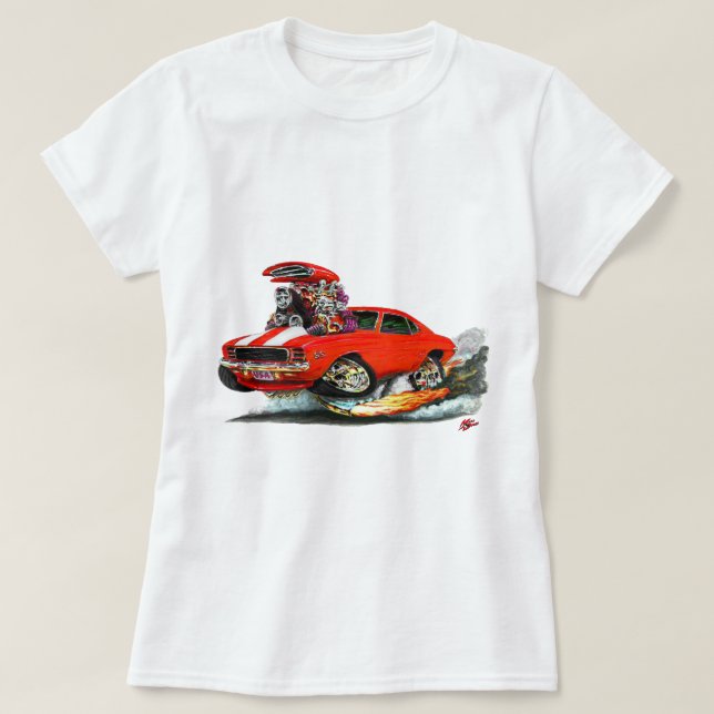 Camiseta Carro 1969 Vermelho-Branco de Camaro RS SS (Frente do Design)