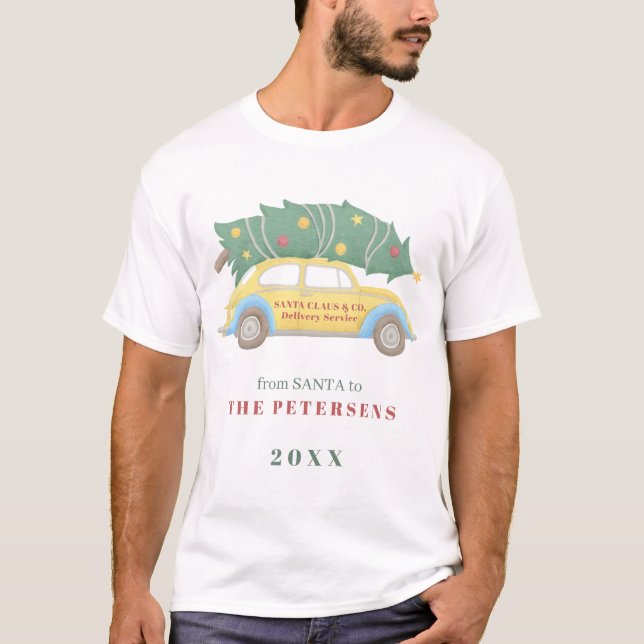 Camiseta Carro amarelo vintado da árvore de Natal da famíli (Frente)