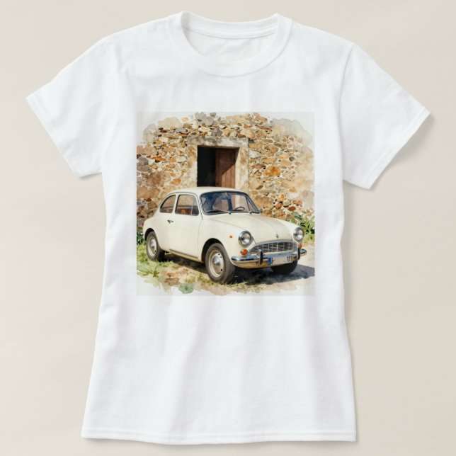 Camiseta Carro Antigo em Frente a Edifício de Pedra (Frente do Design)