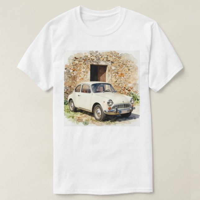 Camiseta Carro Antigo por Edifício de Pedra (Frente do Design)