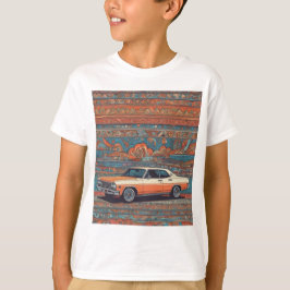 Camiseta Carro clássico com padrão azul e laranja