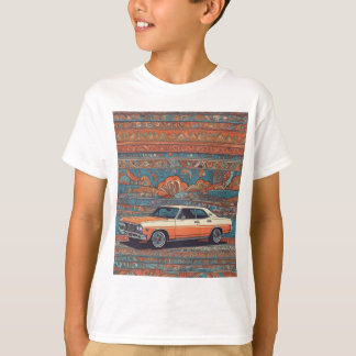 Camiseta Carro clássico com padrão azul e laranja
