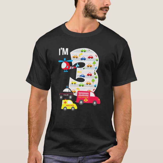 Camiseta Carro Da Polícia De Bombeiros aniversário de 3 ano (Frente)