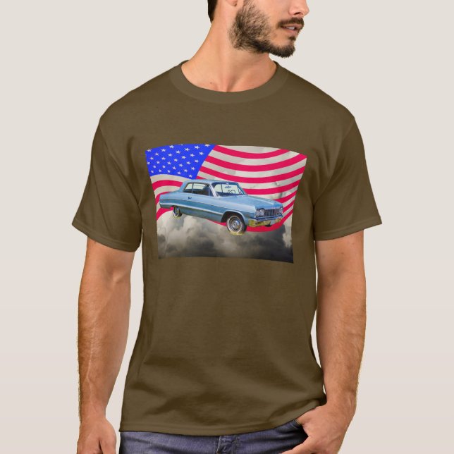 Camiseta Carro De Chevrolet Impala E Bandeira Americana De  (Frente)