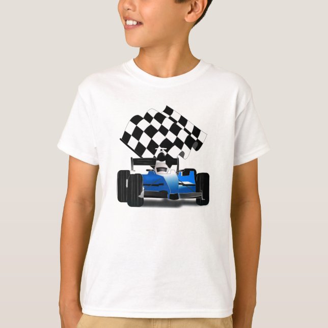 Camiseta Carro de Corrida Azul com Sinalizador Verificado (Frente)