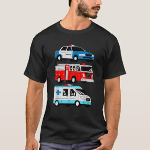 Camiseta Carro de Polícia Caminhão de Bombeiros Ambulância 