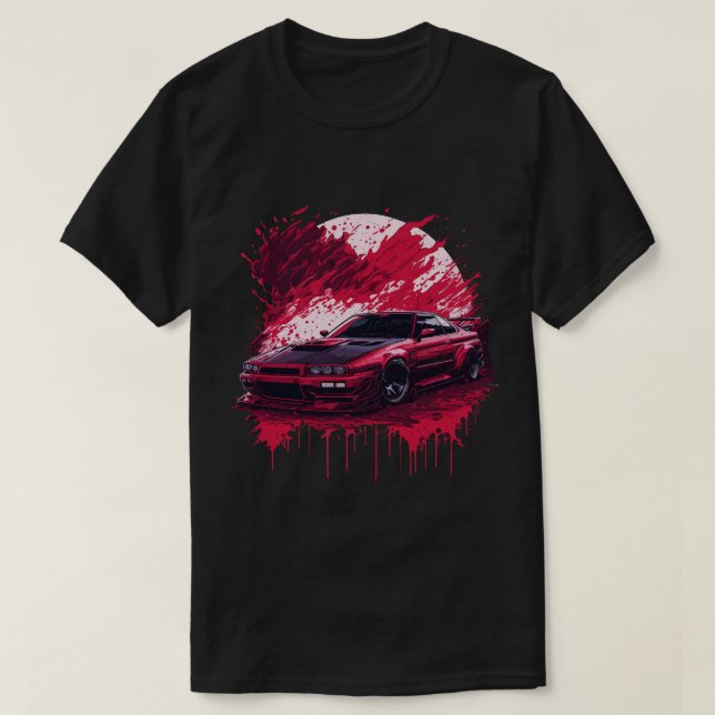 Camiseta Carro Desportivo Vermelho no Sangue da Lua Skyline (Frente do Design)