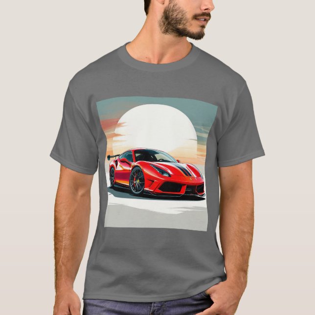 Camiseta Carro Desportivo Vermelho no Sunset Vibrante (Frente)