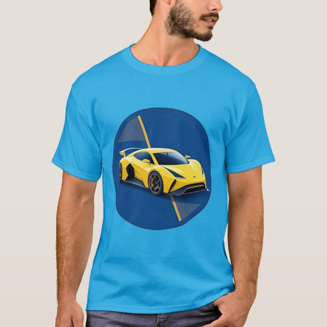 Camiseta Carro Esportivo Amarelo em Fundo Azul (Frente)
