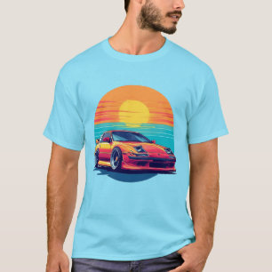 Camiseta Carro Esportivo Estilo Retro com Fundo de Pôr do S