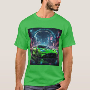 Camiseta Carro Esportivo Verde em Rua Neon Chuvosa