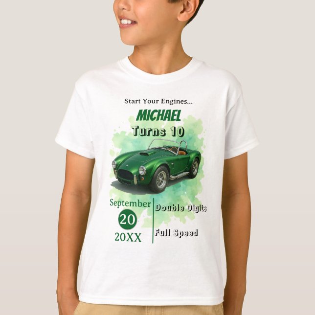 Camiseta Carro Festa de aniversário Verde de 10 anos (Frente)