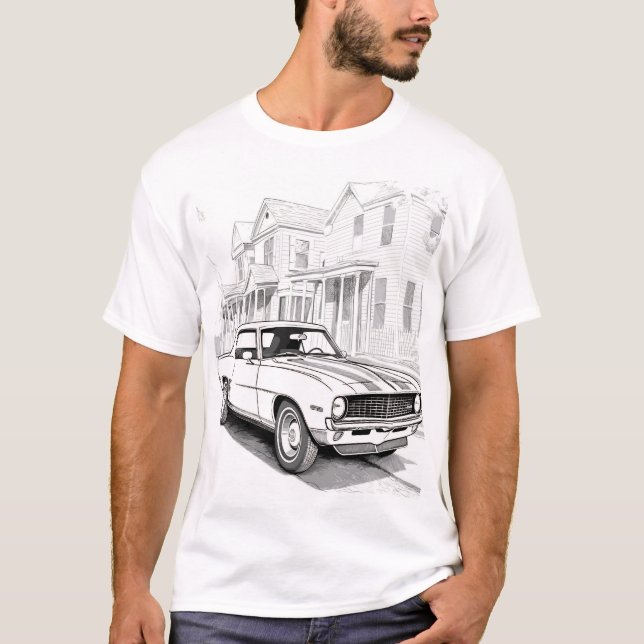 Camiseta Carro Muscular Clássico de Arte de Linha (Frente)
