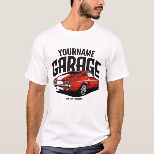 Camiseta Carro Muscular Personalizado, 1967, Garagem Vermel (Frente)