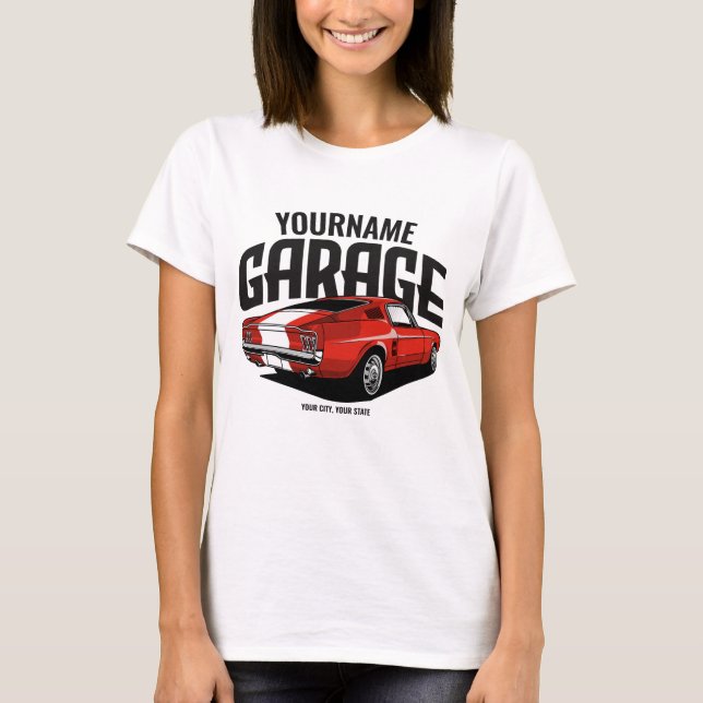 Camiseta Carro Muscular Personalizado, 1967, Garagem Vermel (Frente)
