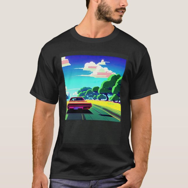 Camiseta Carro synthwave ultrapassagem retrowave futuresynt (Frente)
