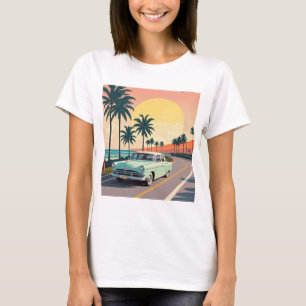 Camiseta Carro vintage retrorreflector numa estrada costeir
