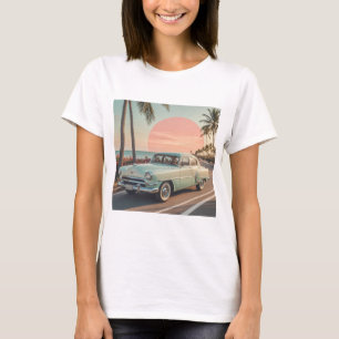 Camiseta Carro vintage retrorreflector numa estrada costeir
