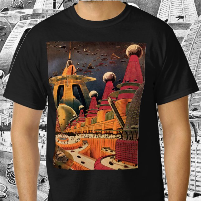 Camiseta Carro Voador de Cidade Futurística Ficção Ciência  (Criador carregado)