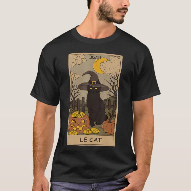 Camiseta Carta de Tarô Lua Crescente e Gato Preto Chapéu de (Frente)
