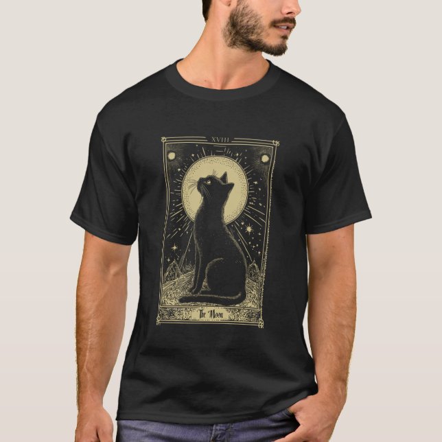 Camiseta Carta de Tarot Gótico Lua Gato Crescente Arte Míst (Frente)