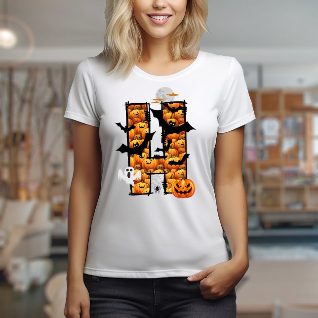 Camiseta Carta estética Halloween t-shirt H (Halloween aesthetic doodle letter H design)