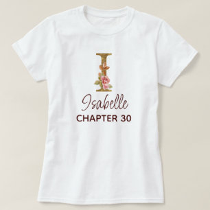 Camiseta Carta I Monograma Dourado Rosas Rosa Aniversário