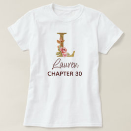 Camiseta Carta L Monograma Dourado Rosas Rosa Aniversário