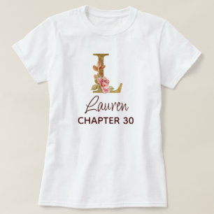 Camiseta Carta L Monograma Dourado Rosas Rosa Aniversário