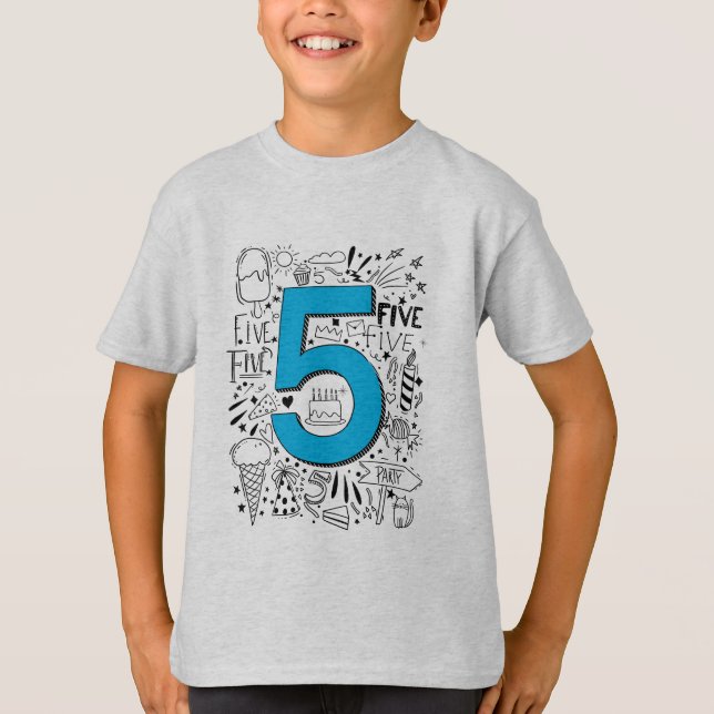 Camiseta Cartão de aniversário azul 5 de 5 anos (Frente)